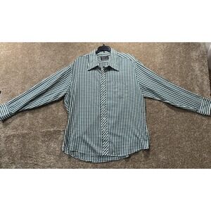 Vintage 70s JC Penney Men's Button Down - XL 17.5 - Green Plaid Western Poly